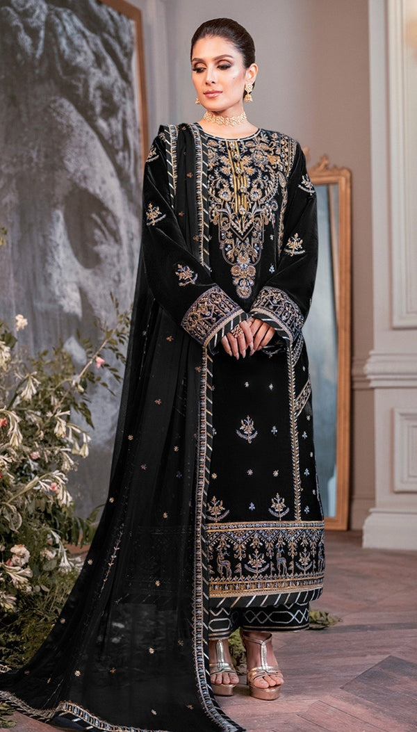 Black Color Winter Collection Heavy Embroidered Velvet Salwar Suit